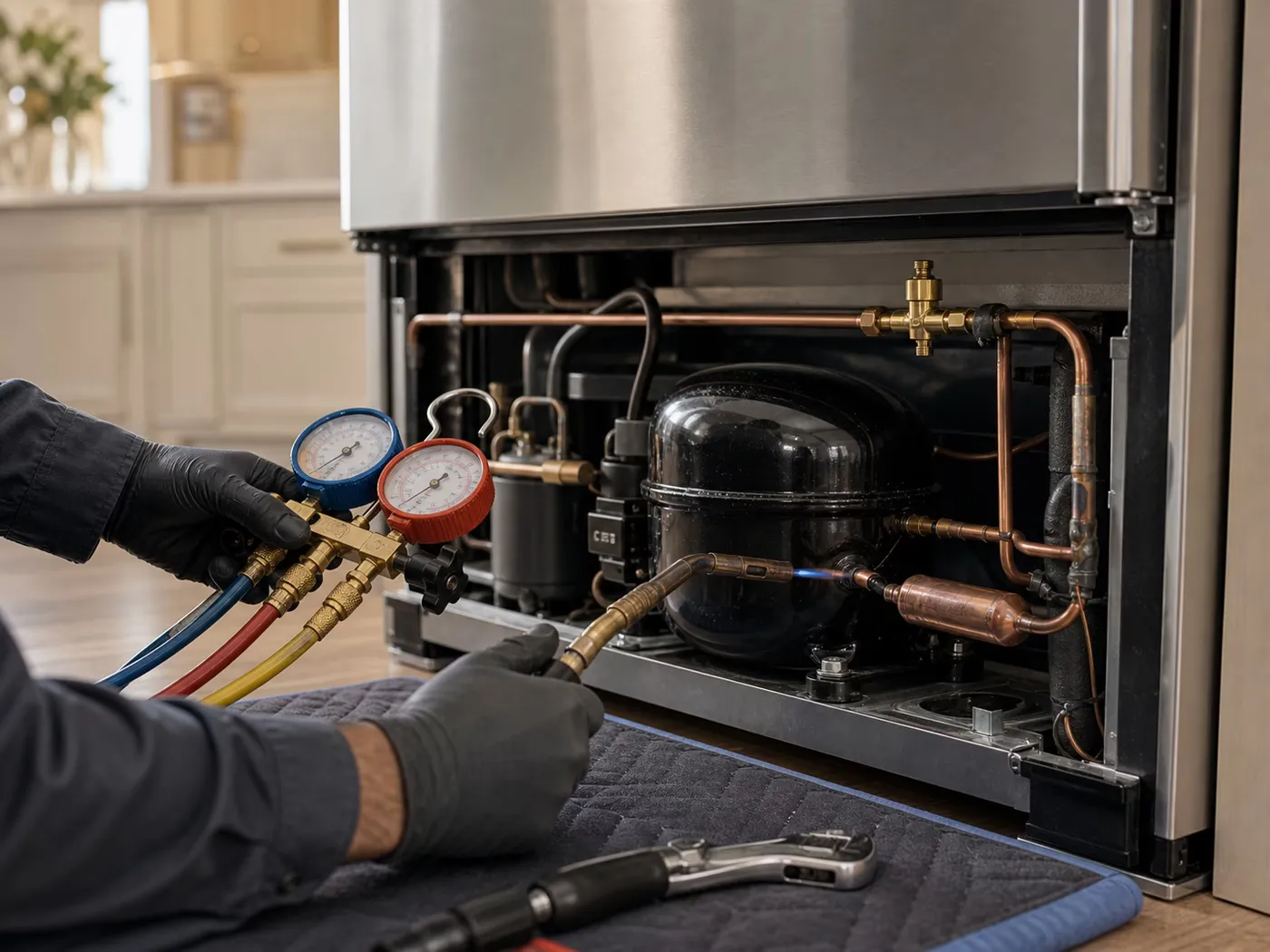 Sub-Zero sealed system & compressor repair in progress in a Seattle kitchen